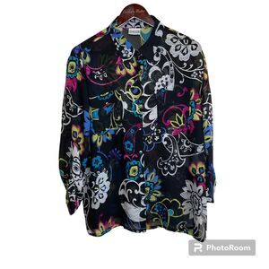 Chicos Blouse Womens XL Sz 4 Black Vibrant Floral Long Sleeve Sheer Roll Tab E3